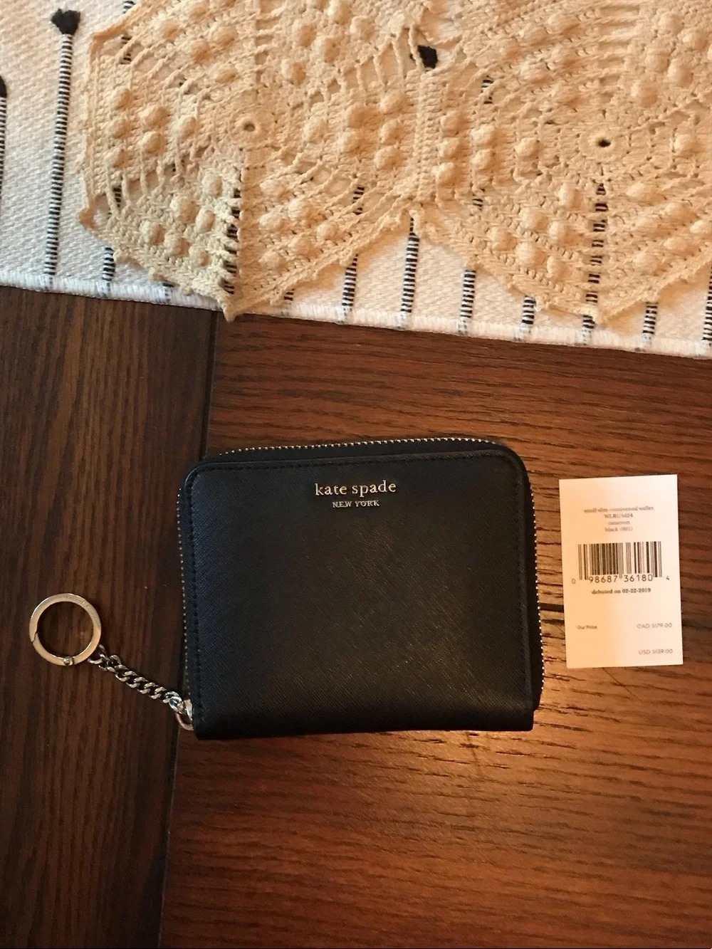 kate spade ♠️ Cameron slim black leather wallet with key ring $139 NEW with tags